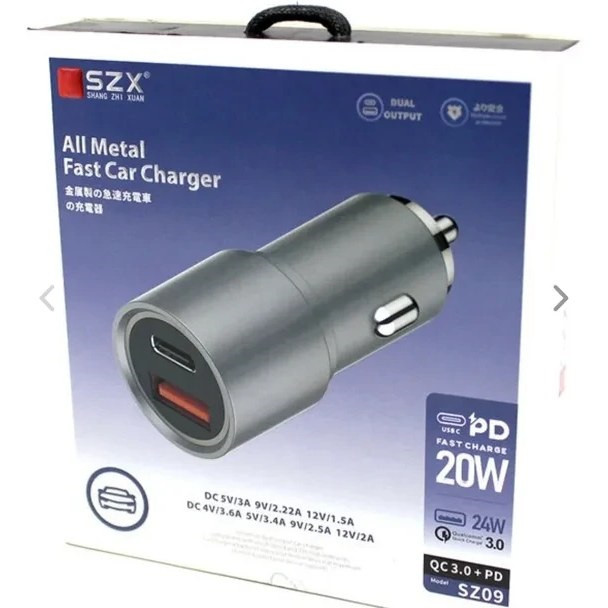 شارژر فندکی تمام فلزی 24 وات دو پورت PD + QC3.0 مدل اس زد ایکس SZX SZ09