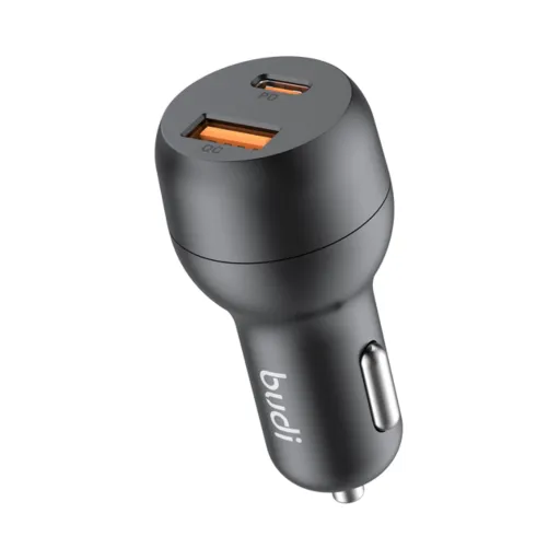 شارژر فندکی 38 وات بودی مدل Budi CC108TB با خروجی USB و USB-C با گارانتی ۱۸ ماهه شرکتی (۶ ماه تعویض)