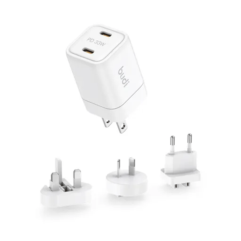 شارژر دیواری 33 وات بودی مدل Budi AC016RSW با دو خروجی USB-C با گارانتی ۱۸ ماهه شرکتی (۶ ماه تعویض)